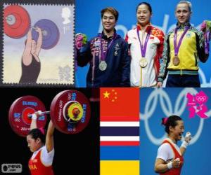yapboz Halter Bayanlar 58 kg podyum, Li Xueying (Çin), Pimsiri Sirikaew (Tayland) ve Yulia Kalina (Ukrayna) - Londra 2012-